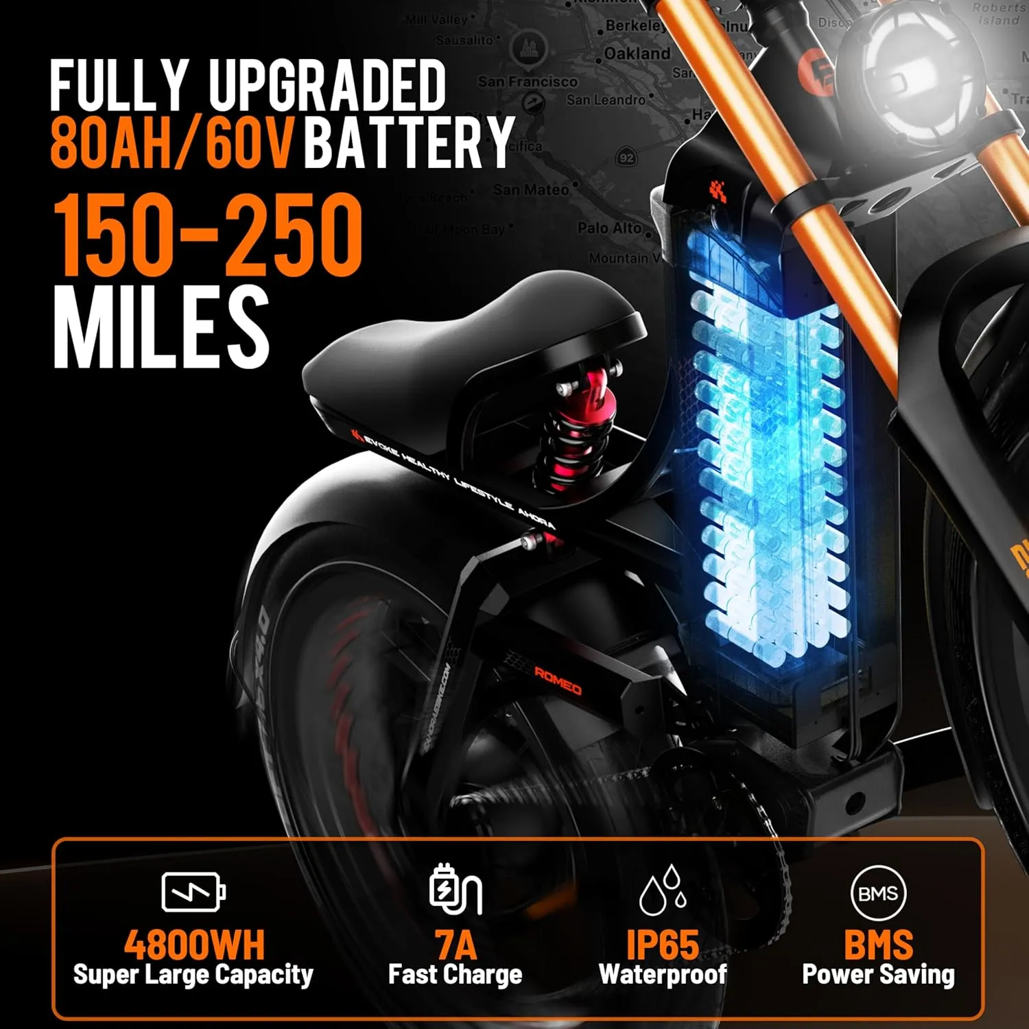 eAhora Romeo Pro  5000W Electric Bike for Adults 50Mph, 60V 80Ah Battery up to 250Miles,Long Range Dual Motors Ebike,26"*4.0 Fat Tire Full Suspension Off-Road Mountain E-Bike for Men,UL 2849