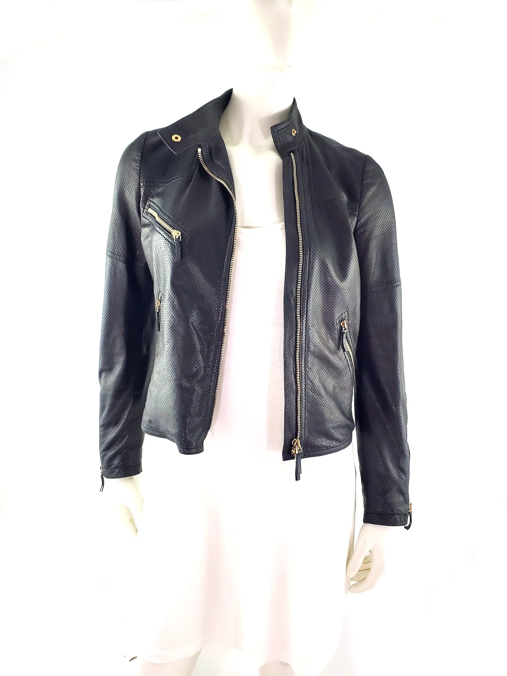 GUCCI Black Nappa Leather Perforated Motorcycle Biker Jacket 40