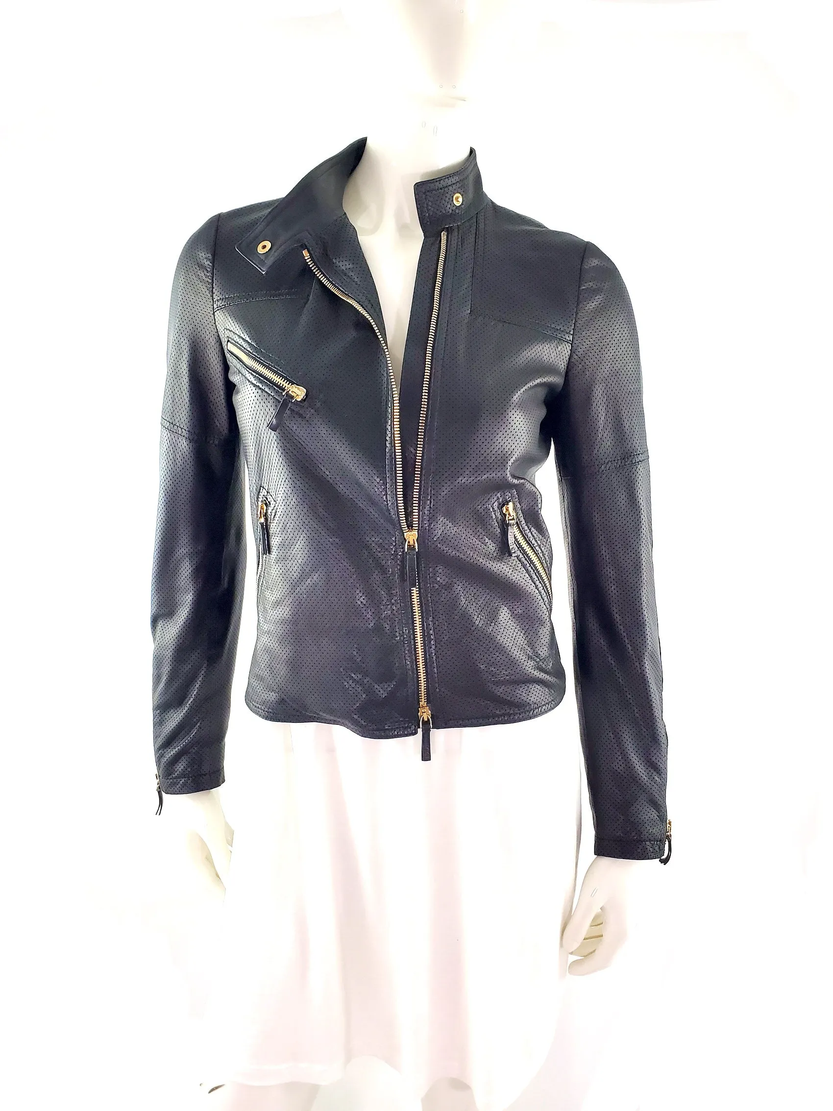 GUCCI Black Nappa Leather Perforated Motorcycle Biker Jacket 40