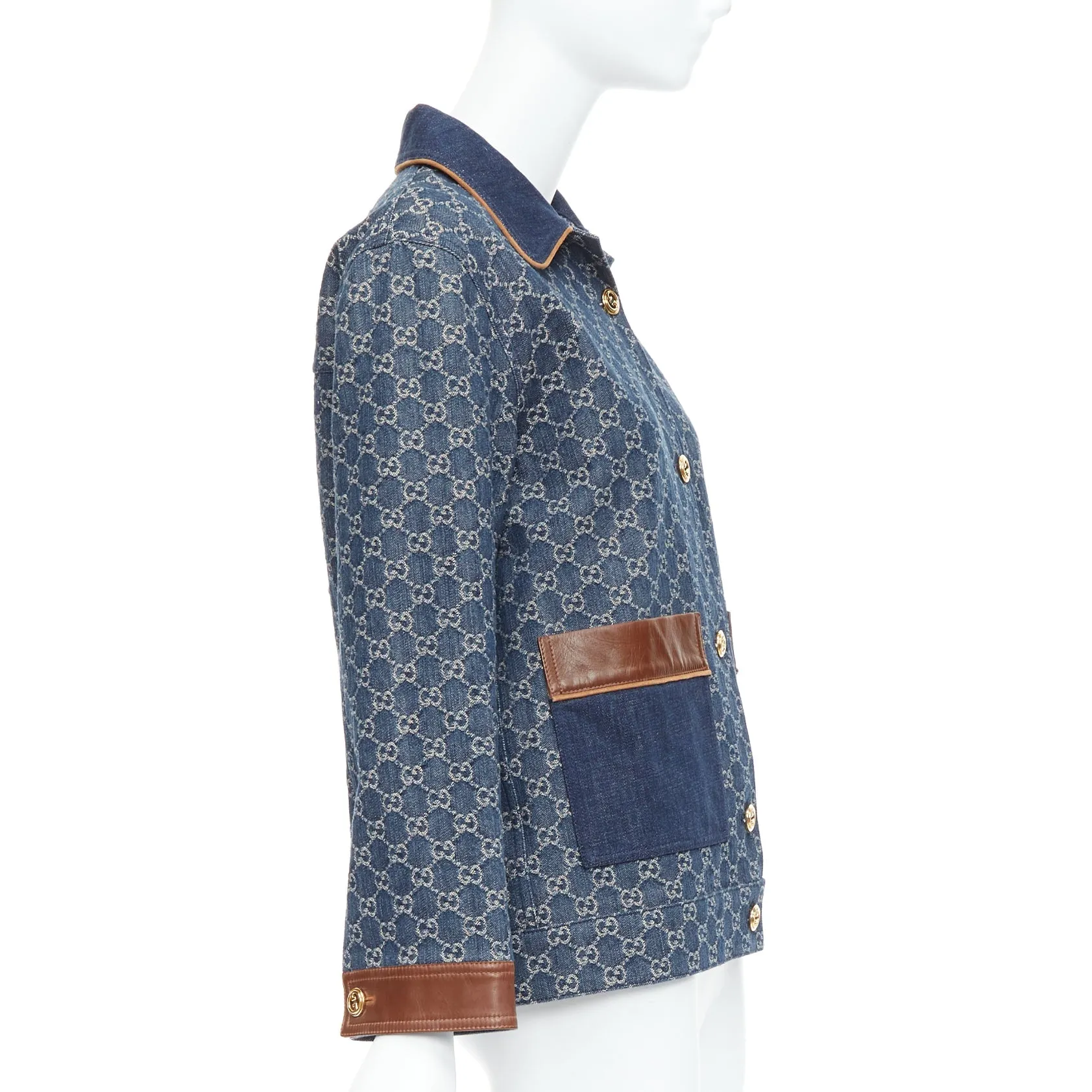 GUCCI Epilogue blue washed organic denim GG monogram vintage coat IT38 XS