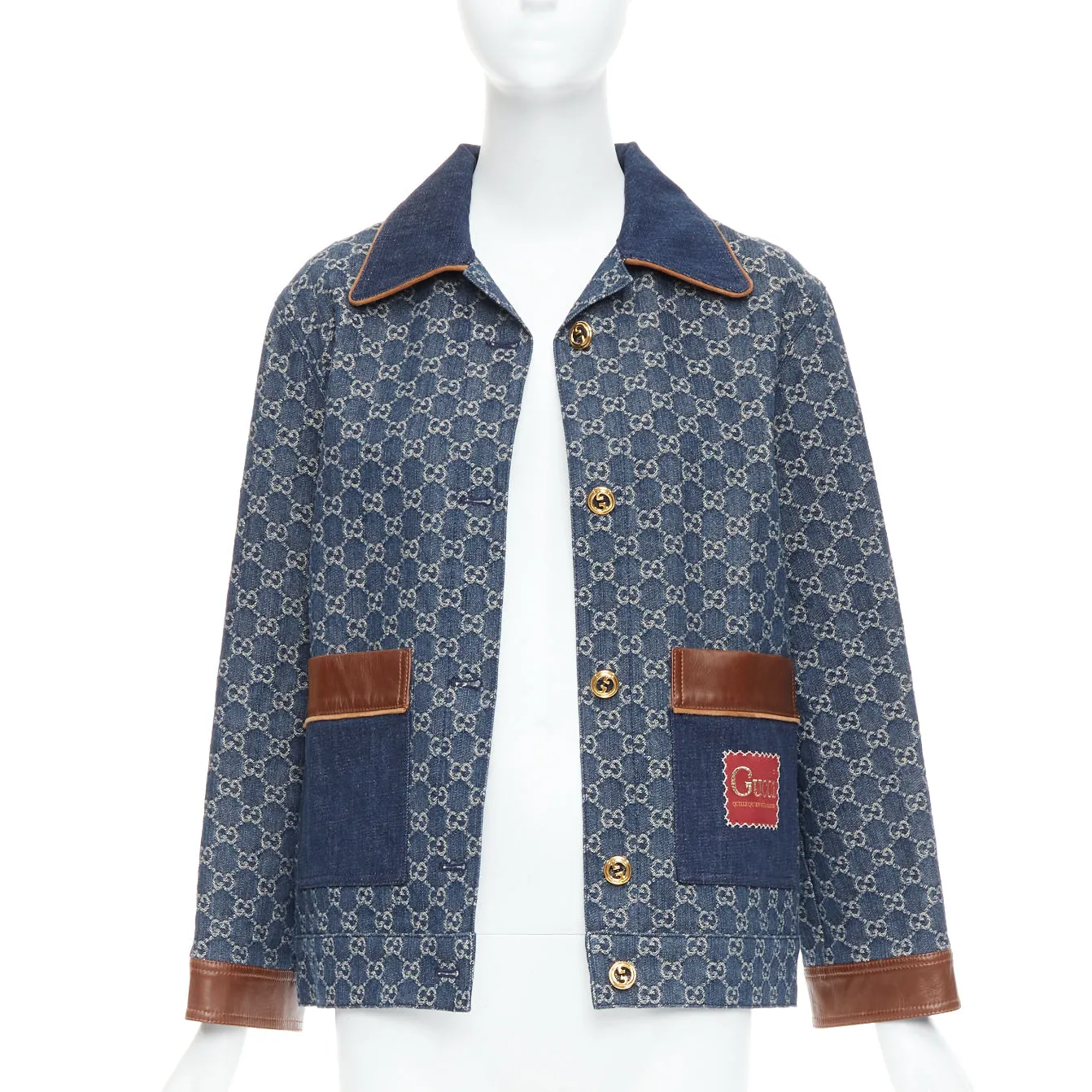 GUCCI Epilogue blue washed organic denim GG monogram vintage coat IT38 XS