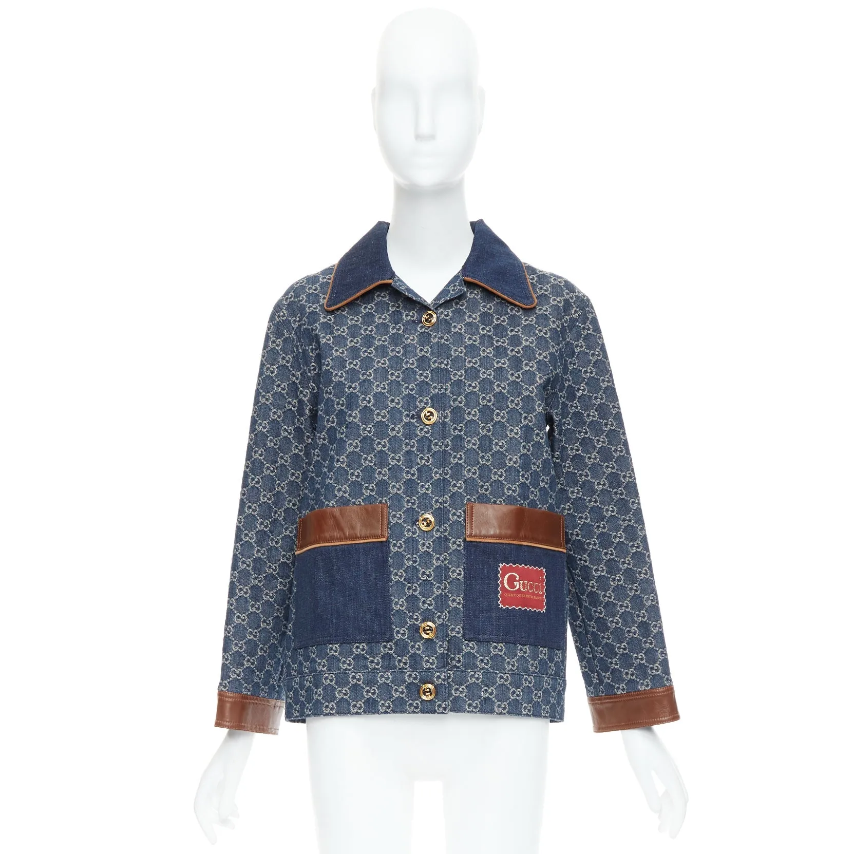 GUCCI Epilogue blue washed organic denim GG monogram vintage coat IT38 XS