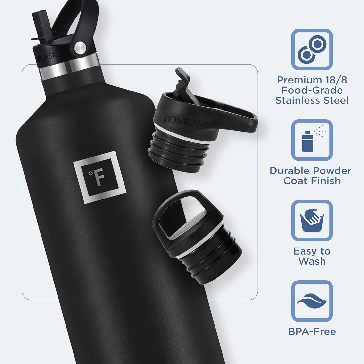 IRON FLASK Camping & Hiking Hydration Canteens - 3 Lids (Narrow Straw Lid) Leak Proof Vacuum Insulated Stainless Steel - Hot & Cold Double Walled Sports Water Bottle - Dark Night, 64 Oz
