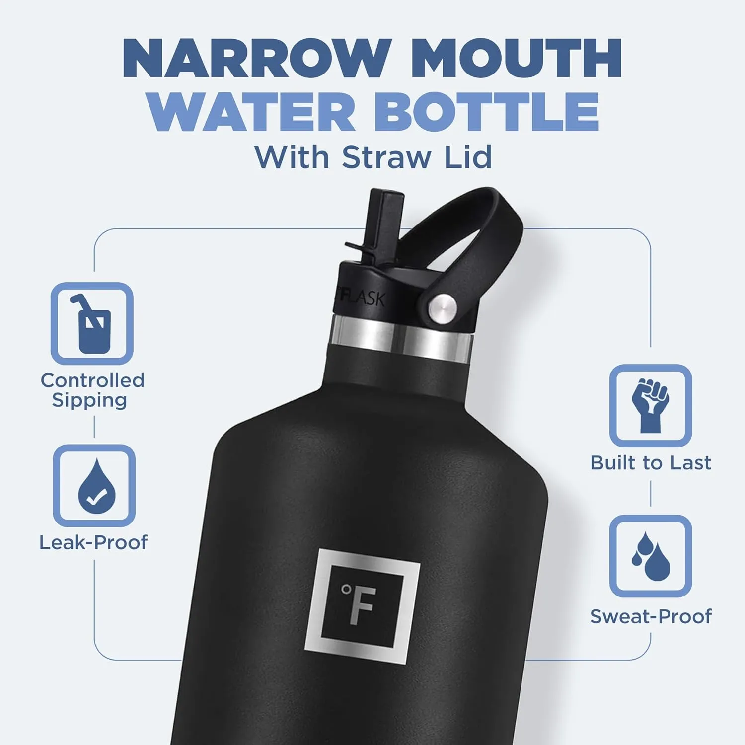 IRON FLASK Camping & Hiking Hydration Canteens - 3 Lids (Narrow Straw Lid) Leak Proof Vacuum Insulated Stainless Steel - Hot & Cold Double Walled Sports Water Bottle - Dark Night, 64 Oz