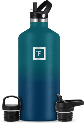 IRON FLASK Camping & Hiking Hydration Canteens - 3 Lids (Narrow Straw Lid) Leak Proof Vacuum Insulated Stainless Steel - Hot & Cold Double Walled Sports Water Bottle - Dark Night, 64 Oz