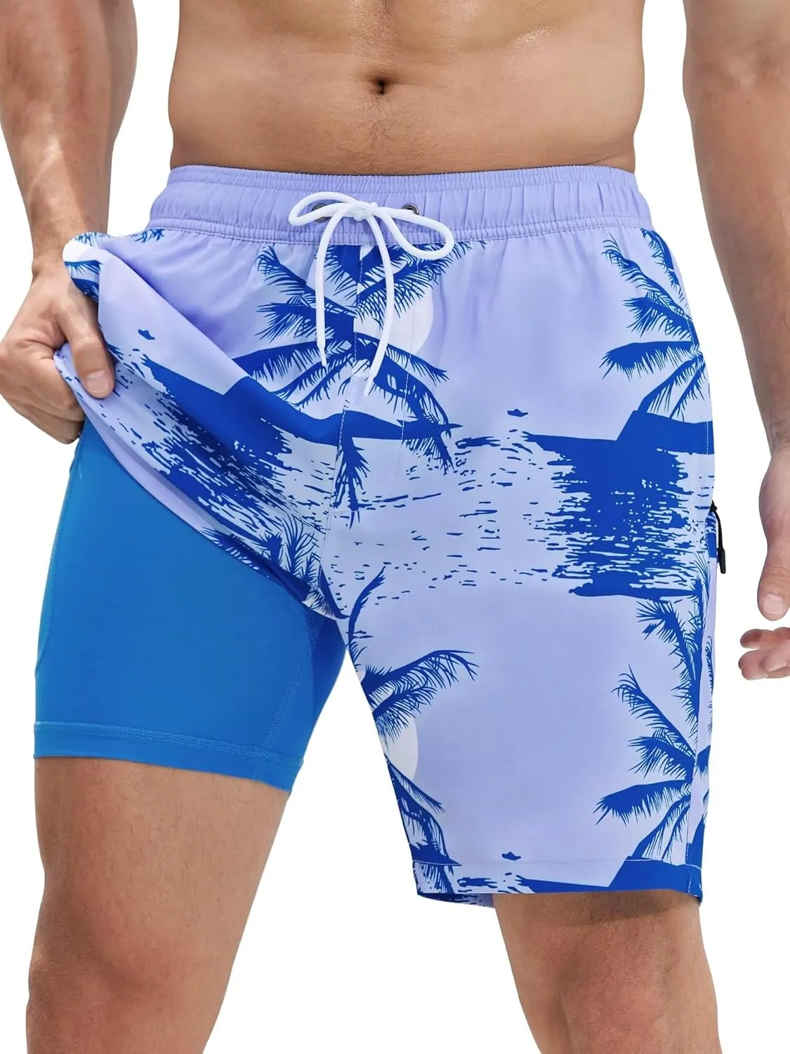 SILKWORLD Mens Swim Trunks Quick Dry Swimming Shorts with Compression Liner and Zipper Pockets