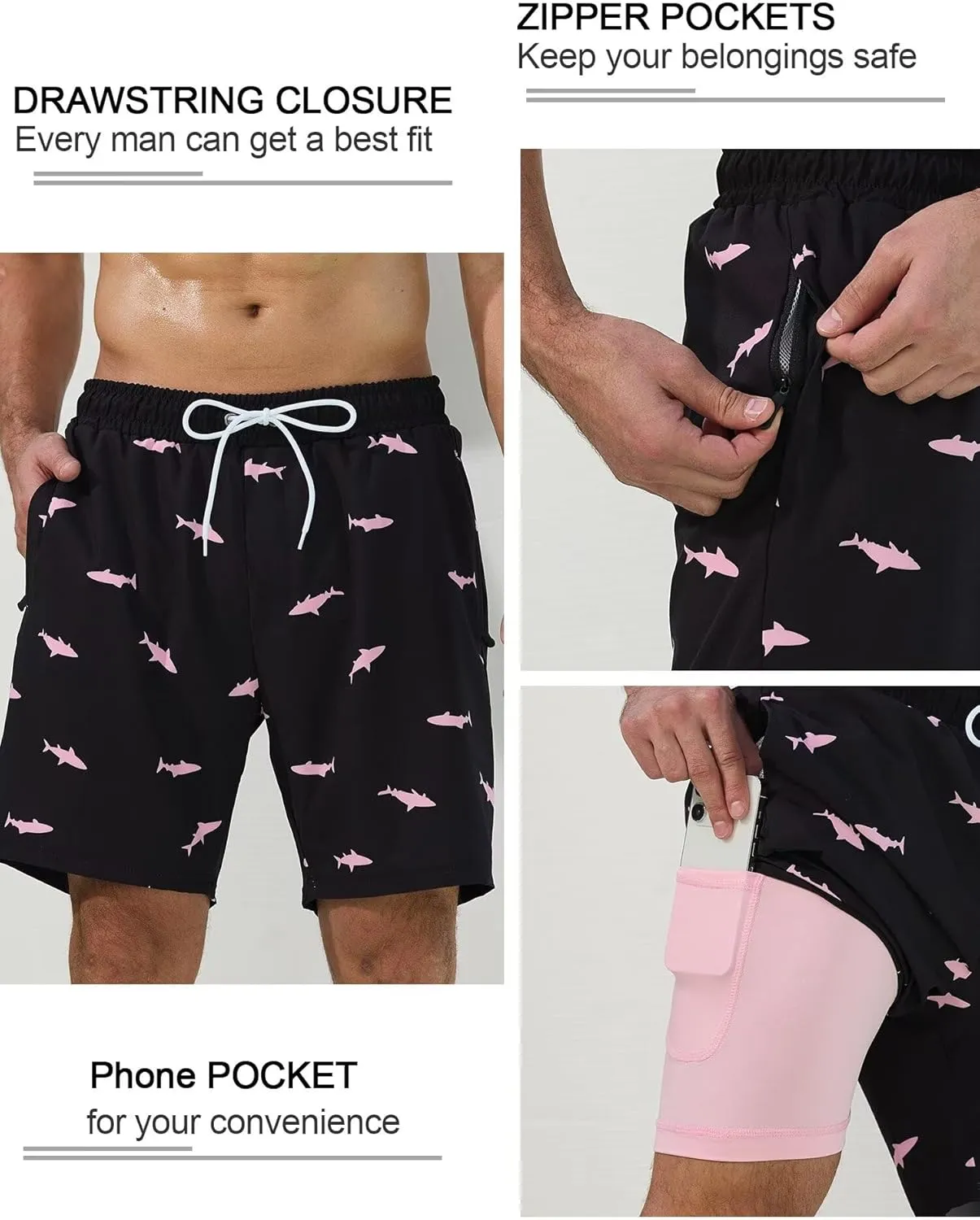 SILKWORLD Mens Swim Trunks Quick Dry Swimming Shorts with Compression Liner and Zipper Pockets