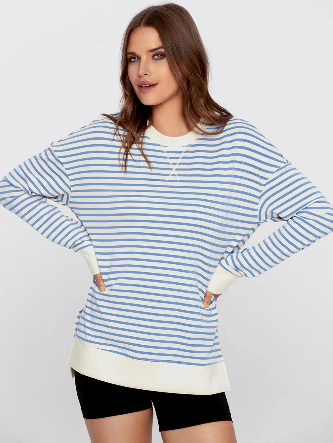 Simplee Womens Sweatshirt Long Sleeve Crewneck Striped Sweatshirt for Women 2024 Trendy Fall Tops Pullover Sweatshirts