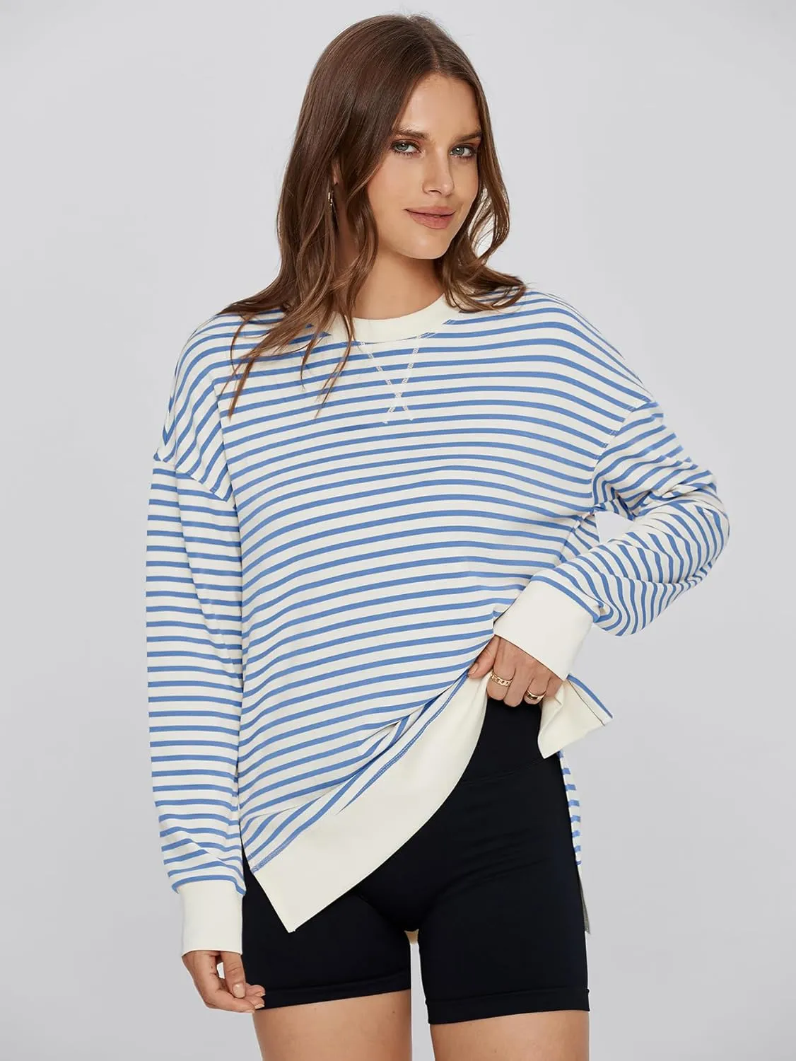 Simplee Womens Sweatshirt Long Sleeve Crewneck Striped Sweatshirt for Women 2024 Trendy Fall Tops Pullover Sweatshirts