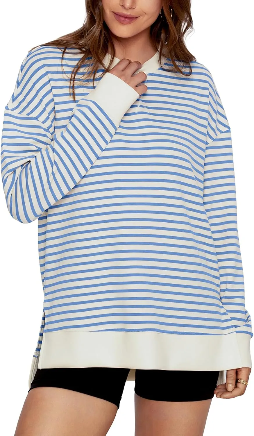 Simplee Womens Sweatshirt Long Sleeve Crewneck Striped Sweatshirt for Women 2024 Trendy Fall Tops Pullover Sweatshirts