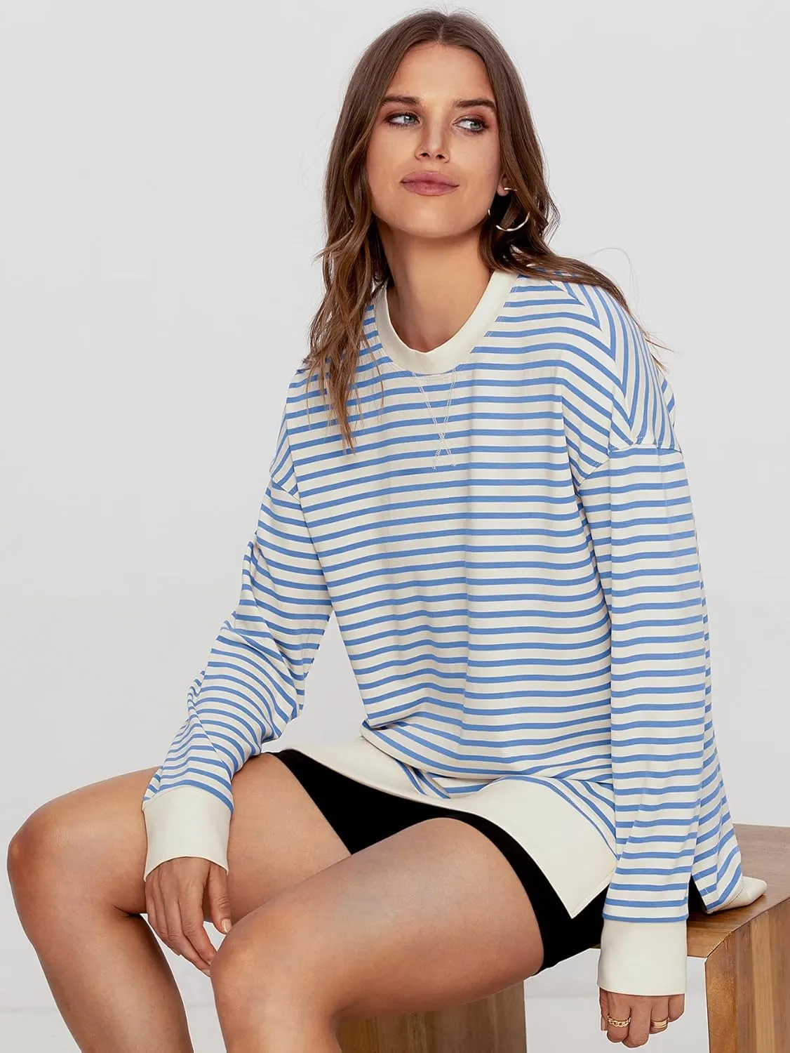 Simplee Womens Sweatshirt Long Sleeve Crewneck Striped Sweatshirt for Women 2024 Trendy Fall Tops Pullover Sweatshirts