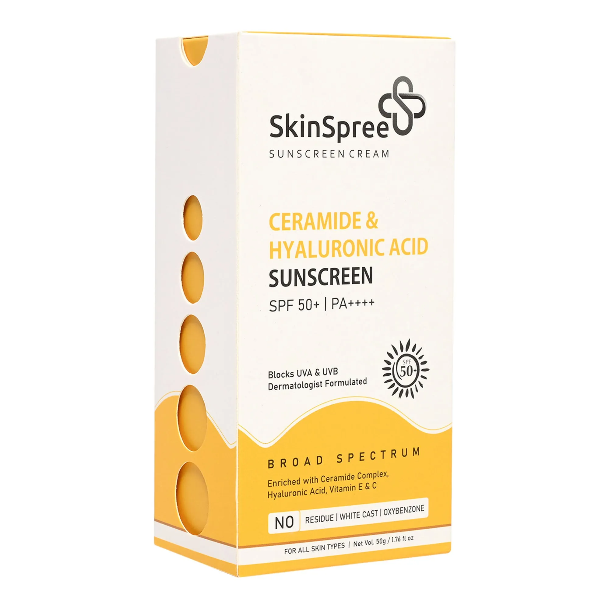 SkinSpree Ceramide & Hyaluronic Acid Sunscreen Cream 50g SPF 50  PA     for UVA/B & Blue Light Protection | Fragrance-Free & Color-Free | For Glowing & Hydrating Skin | Broad Spectrum