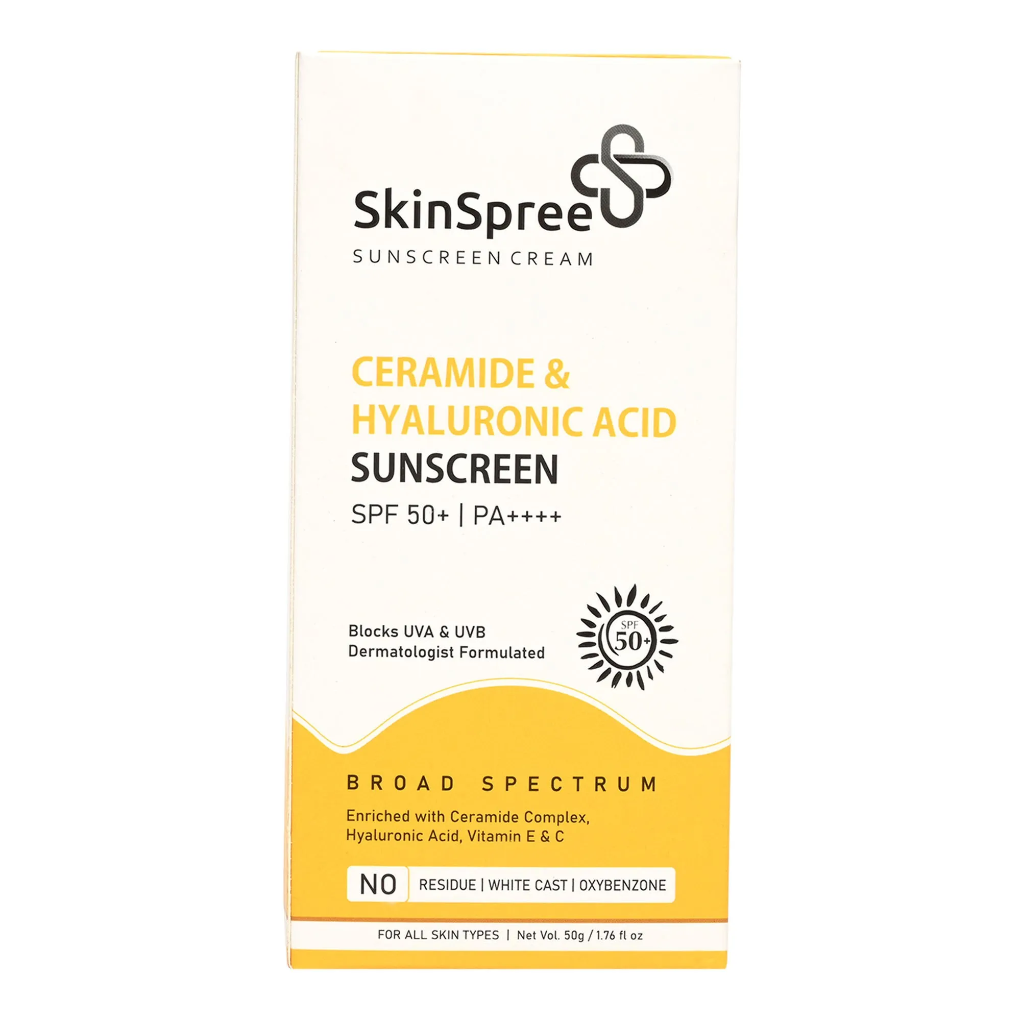 SkinSpree Ceramide & Hyaluronic Acid Sunscreen Cream 50g SPF 50  PA     for UVA/B & Blue Light Protection | Fragrance-Free & Color-Free | For Glowing & Hydrating Skin | Broad Spectrum