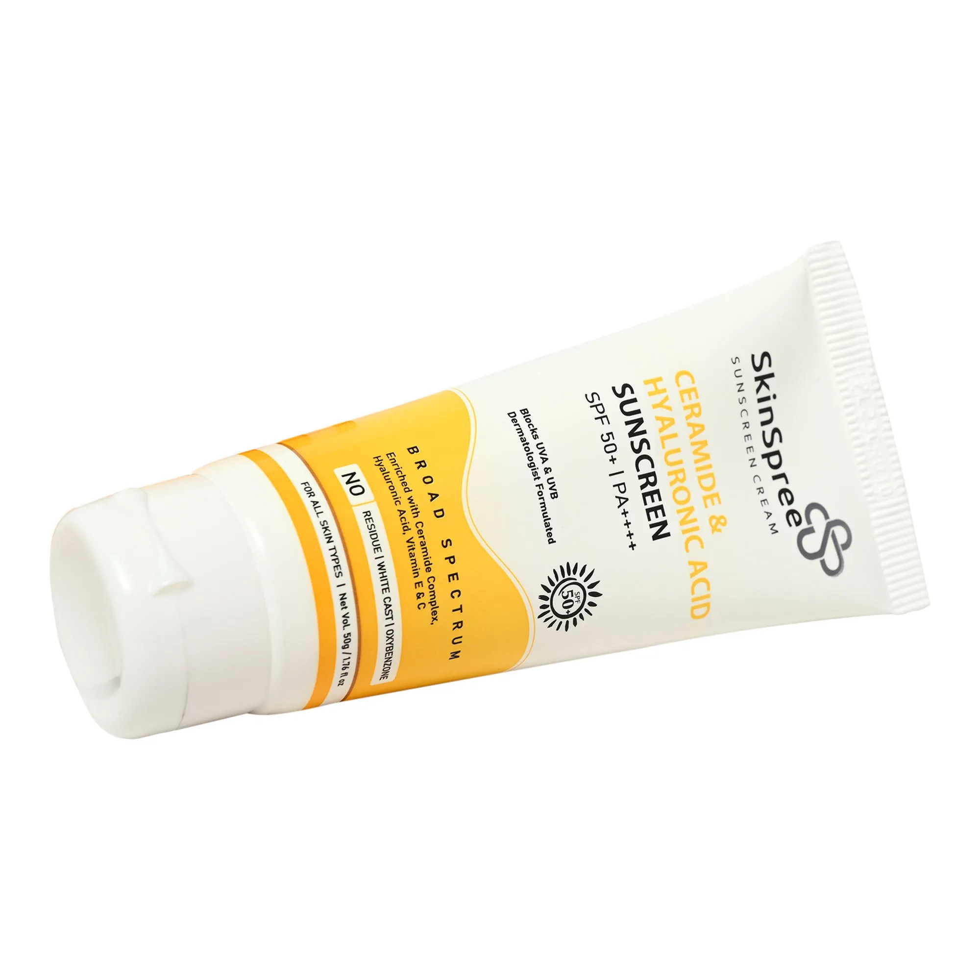 SkinSpree Ceramide & Hyaluronic Acid Sunscreen Cream 50g SPF 50  PA     for UVA/B & Blue Light Protection | Fragrance-Free & Color-Free | For Glowing & Hydrating Skin | Broad Spectrum