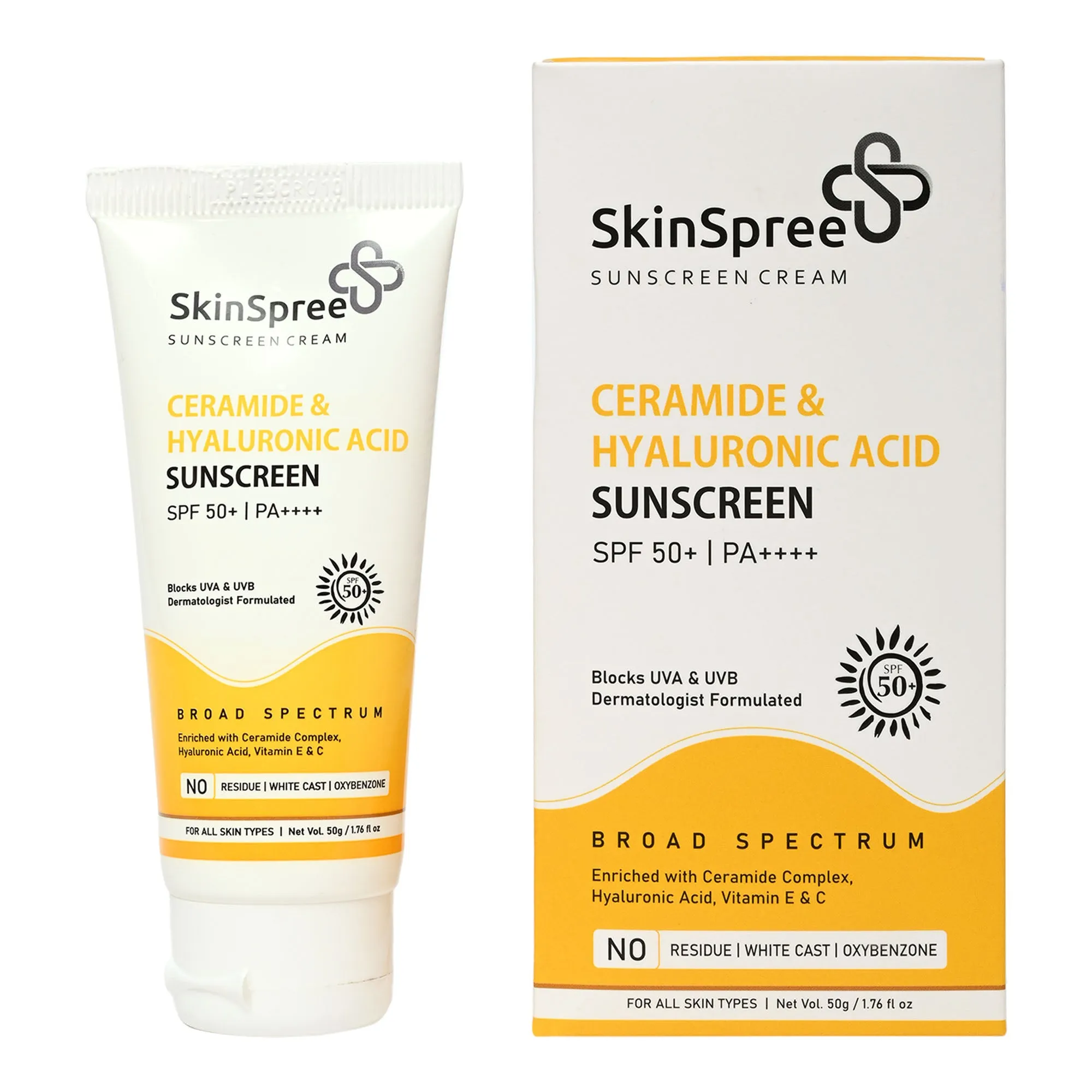 SkinSpree Ceramide & Hyaluronic Acid Sunscreen Cream 50g SPF 50  PA     for UVA/B & Blue Light Protection | Fragrance-Free & Color-Free | For Glowing & Hydrating Skin | Broad Spectrum