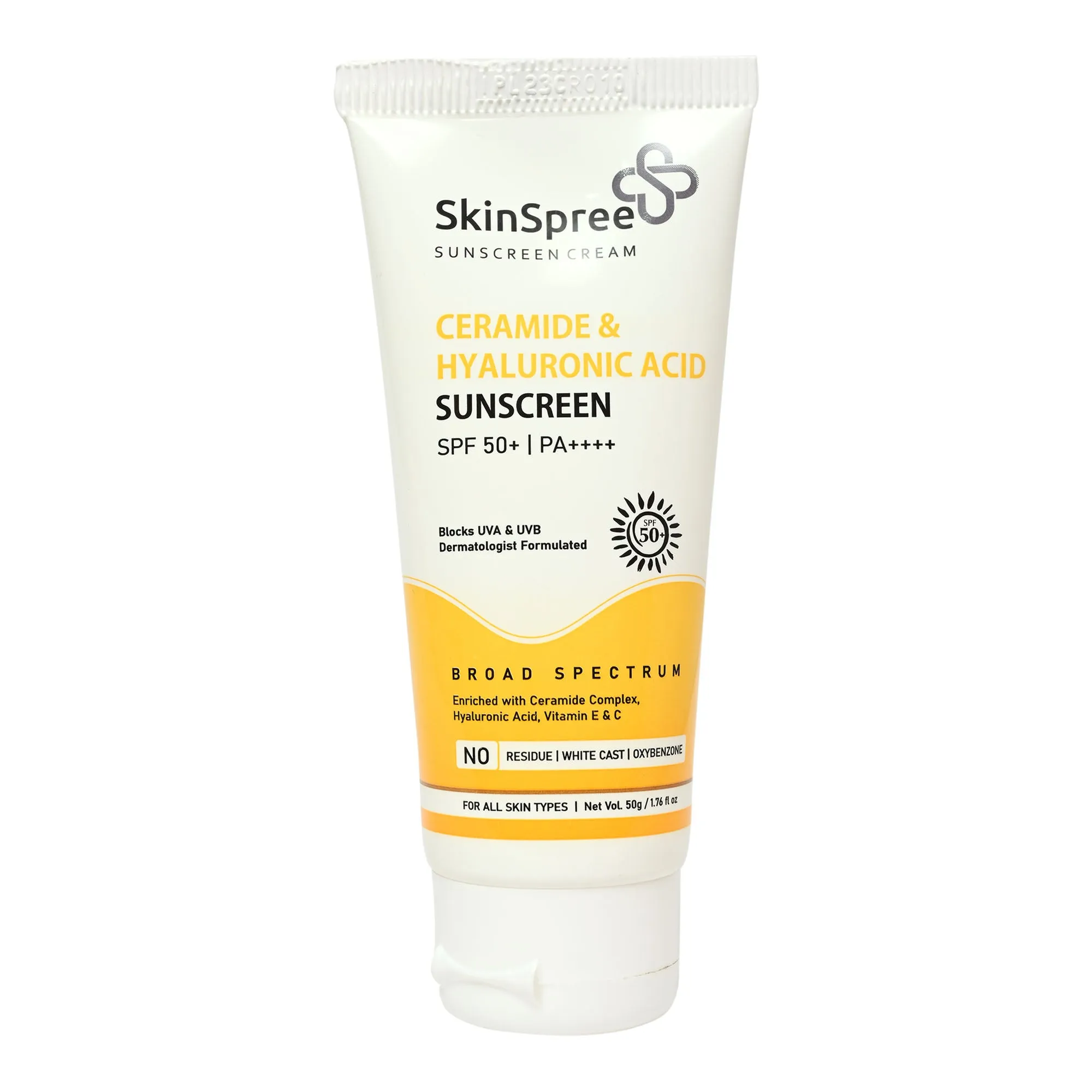 SkinSpree Ceramide & Hyaluronic Acid Sunscreen Cream 50g SPF 50  PA     for UVA/B & Blue Light Protection | Fragrance-Free & Color-Free | For Glowing & Hydrating Skin | Broad Spectrum