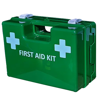 Stand alone trauma First Aid Kit In X Large Green Plastic Wall Mount Box, clip on and off mechanism, see contents list picture for reference only
