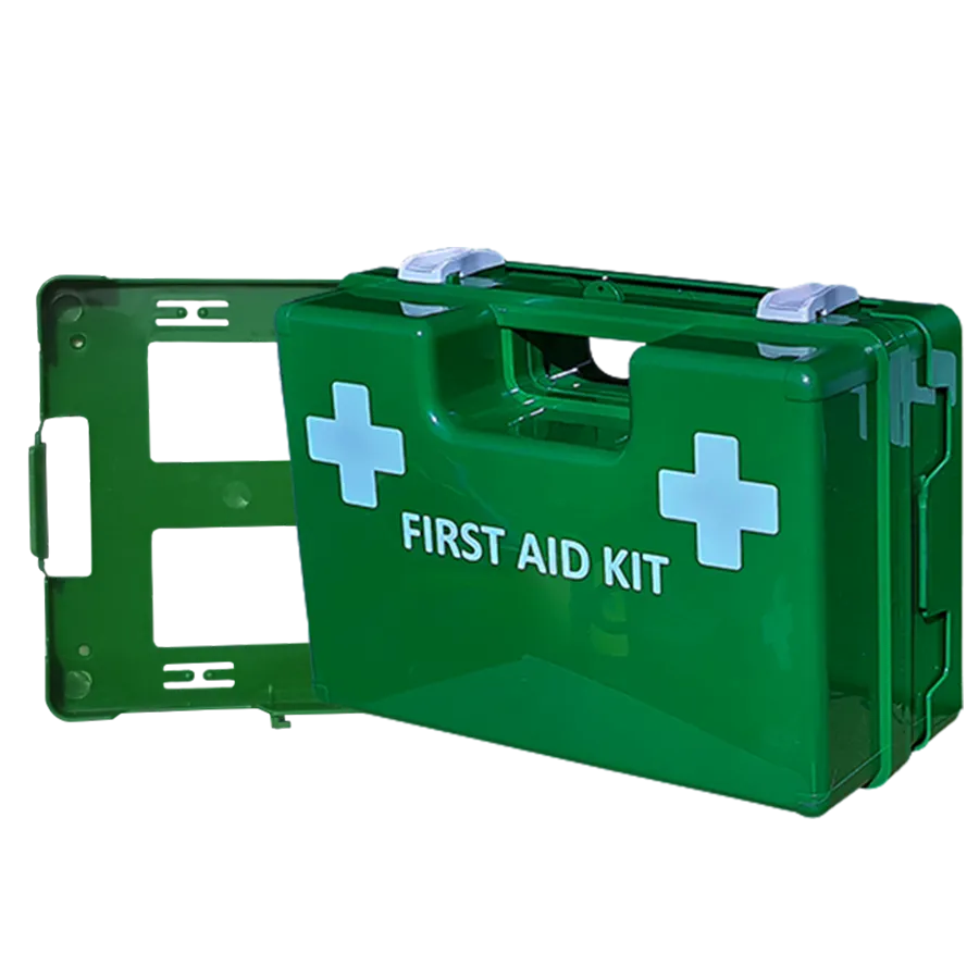 Stand alone trauma First Aid Kit In X Large Green Plastic Wall Mount Box, clip on and off mechanism, see contents list picture for reference only