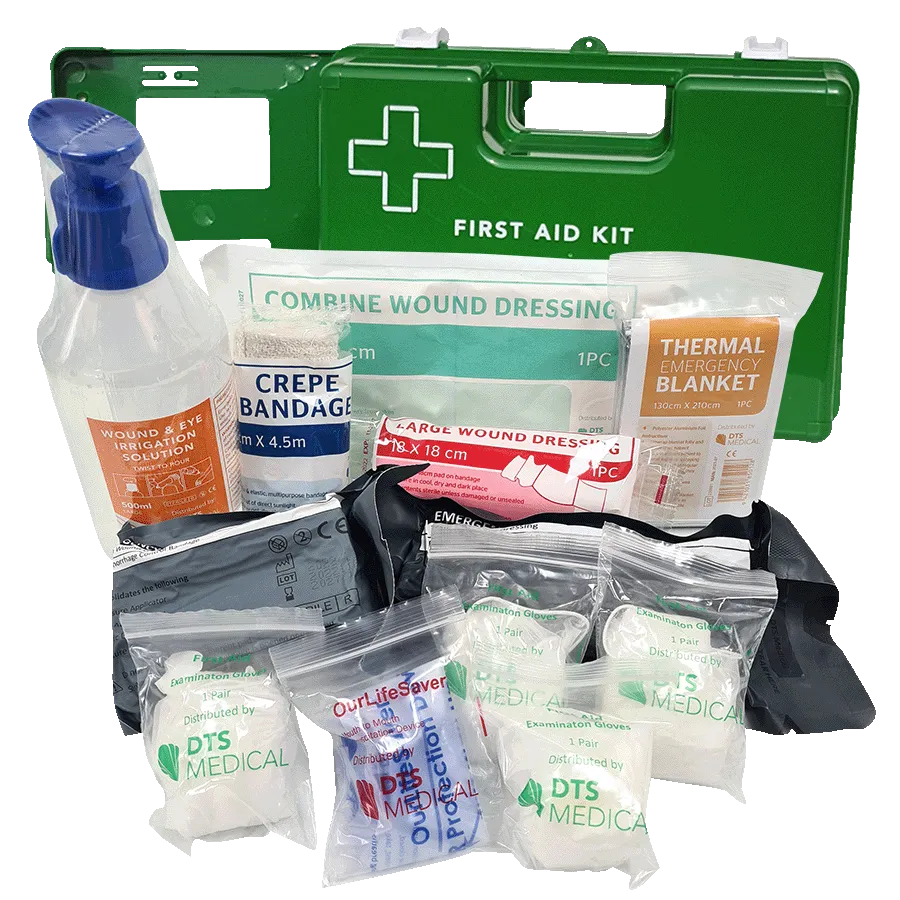 Stand alone trauma First Aid Kit In X Large Green Plastic Wall Mount Box, clip on and off mechanism, see contents list picture for reference only