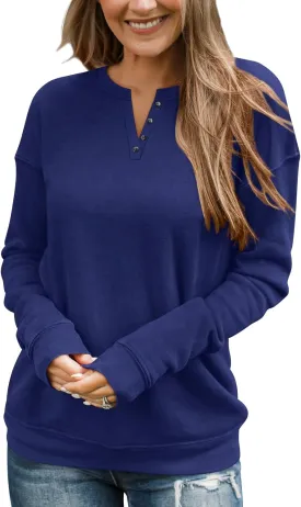TICTICMIMI Women's V Neck Long Sleeve Tops Lightweight Sweatshirts Button Fall Shirts