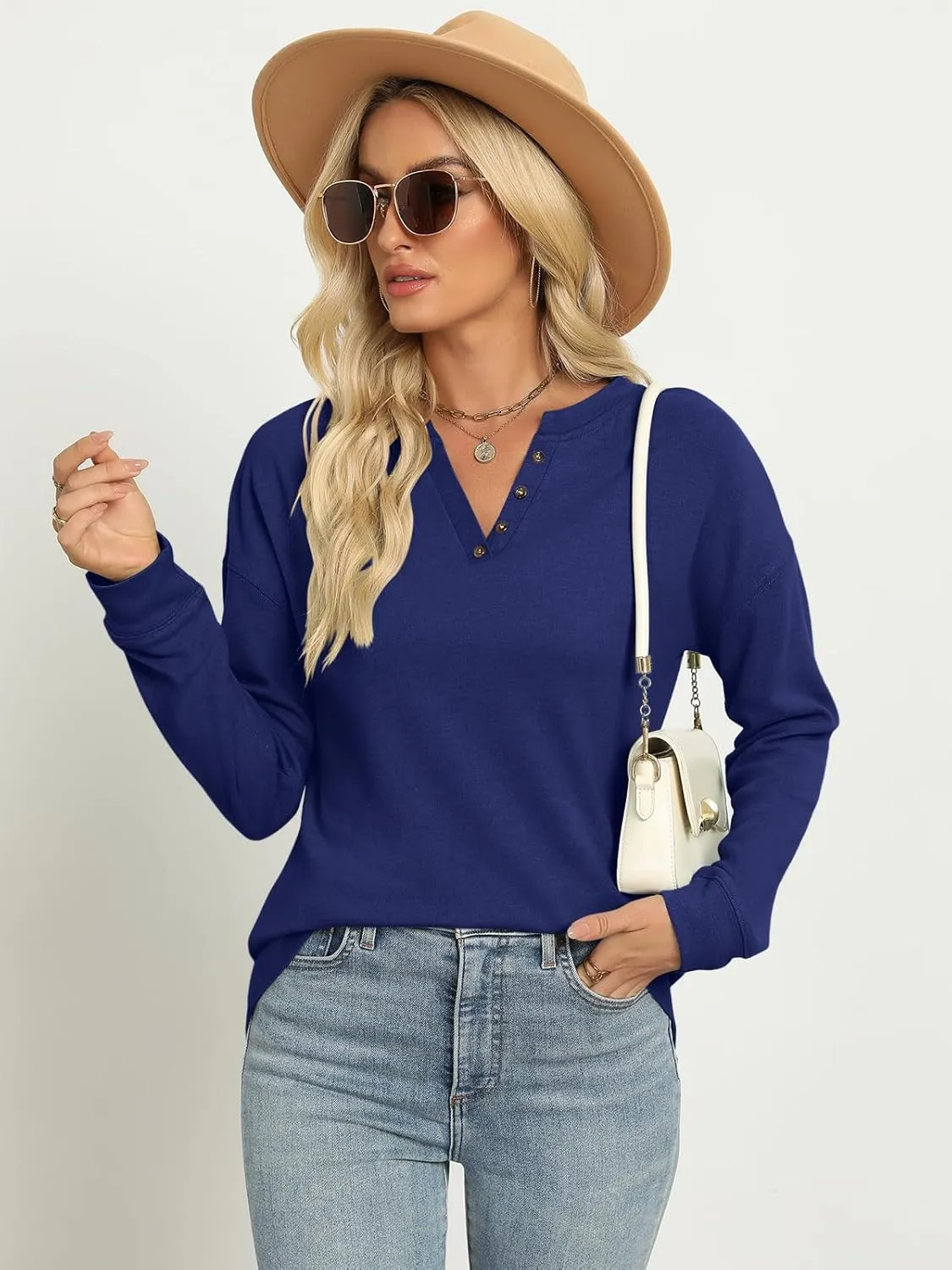 TICTICMIMI Women's V Neck Long Sleeve Tops Lightweight Sweatshirts Button Fall Shirts