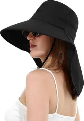 Womens Sun Hat Wide Brim with Ponytail Hole Neck Flap Outdoor UV Protection Foldable Fishing Cap UPF 50 