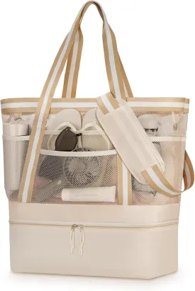 WOOMADA Beach Tote Bag With Cooler, Large Mesh Beach Bags for Women with Wet Pocket, Pool, Swim, Travel Essentials